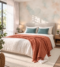 Dormitorio luminoso con cama de cabecero tapizado, luz natural lateral y manta coral