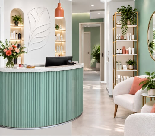 Recepción de un centro de belleza con mostrador verde curvo, productos y zona de espera